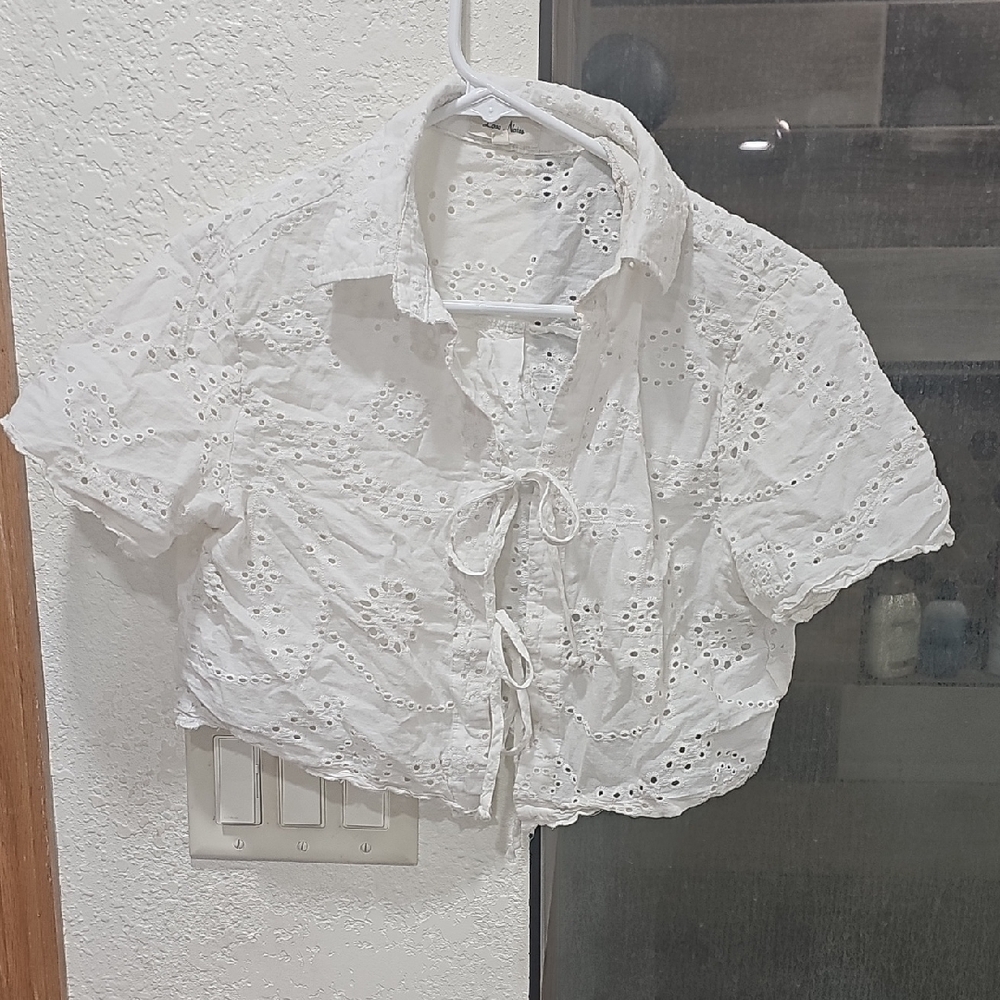 White Eyelet Tie-Front Crop Top
